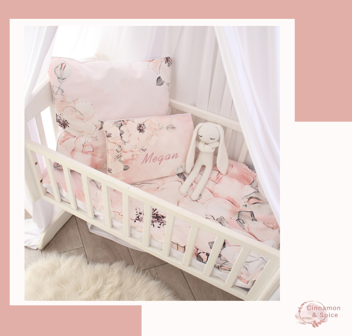 Cot Duvet Bedding - Pink and Grey Garden Set - Cinnamon and Spice
