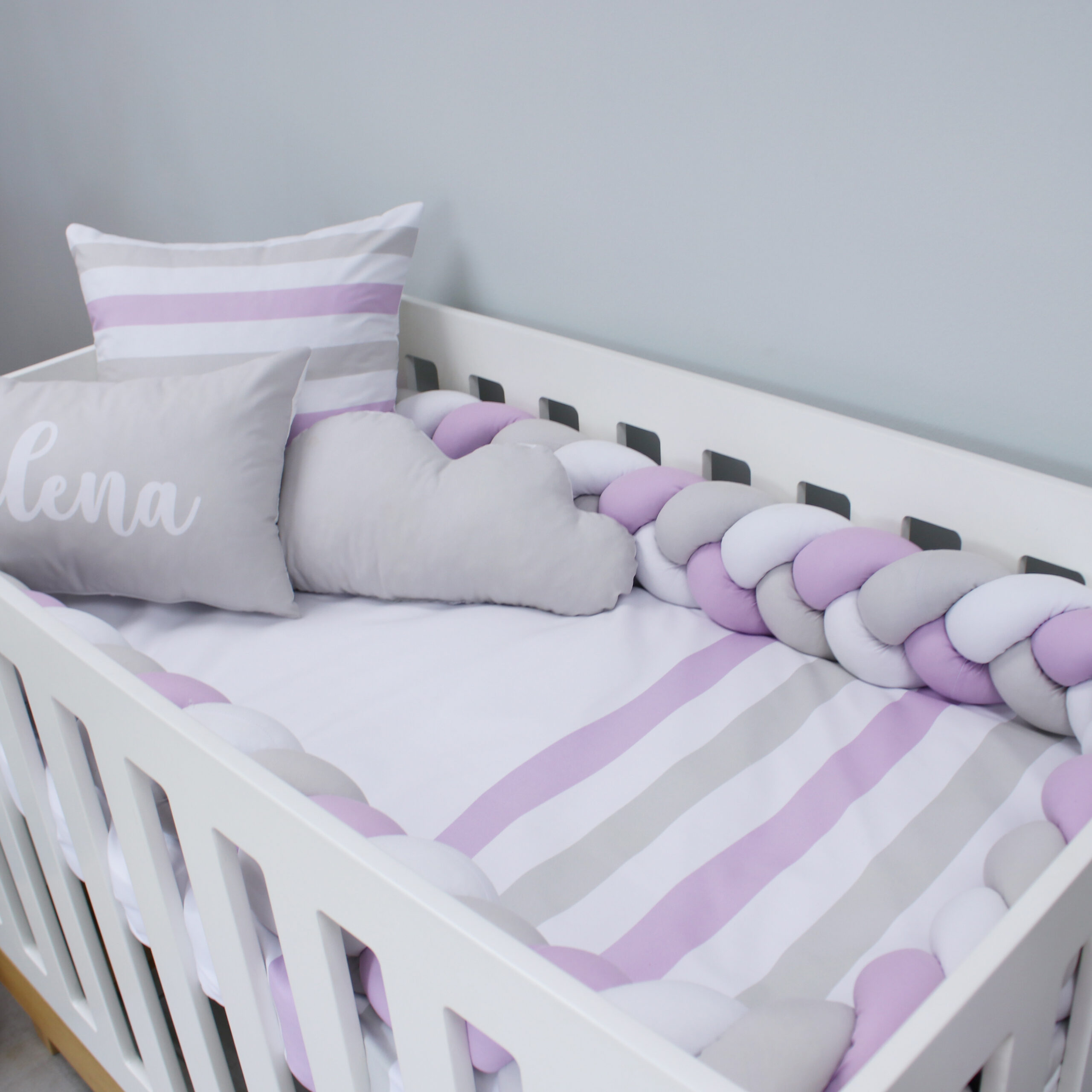 Cot Bumper – Braided 3 Strand – Lilac, Grey And White (Lilac Stripe