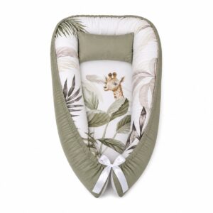 Olive Green Giraffe With Leaf baby nest with padded raised sides and a small matching head pillow, designed to create a cozy, secure sleeping space for infants.