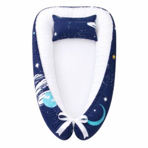 Navy Space White Inside Baby baby nest with padded raised sides and a small matching head pillow, designed to create a cozy, secure sleeping space for infants.