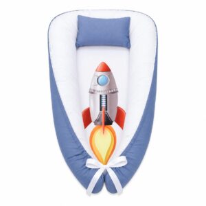 Rocket Space Adventure Cartoon baby nest with padded raised sides and a small matching head pillow, designed to create a cozy, secure sleeping space for infants.