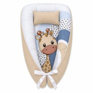 Beige Blue Dotty Rainbow Giraffe baby nest with padded raised sides and a small matching head pillow, designed to create a cozy, secure sleeping space for infants.