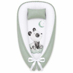 Sage Green Panda On Moon baby nest with padded raised sides and a small matching head pillow, designed to create a cozy, secure sleeping space for infants.