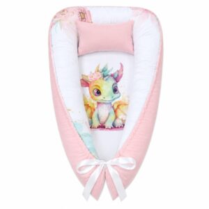 Girl Pink Dragon baby nest with padded raised sides and a small matching head pillow, designed to create a cozy, secure sleeping space for infants.