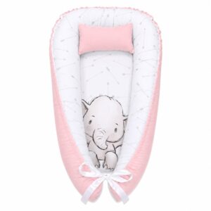 Simple Grey Pink Monochrome Ellie Elephant baby nest with padded raised sides and a small matching head pillow, designed to create a cozy, secure sleeping space for infants.