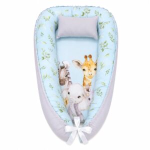 Fancy Safari Light Blue baby nest with padded raised sides and a small matching head pillow, designed to create a cozy, secure sleeping space for infants.