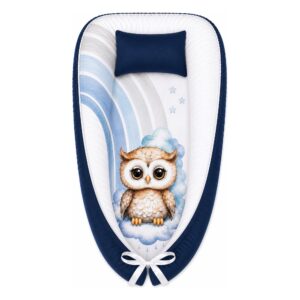 Simple Brown Rainbow Einstein Owl baby nest with padded raised sides and a small matching head pillow, designed to create a cozy, secure sleeping space for infants.