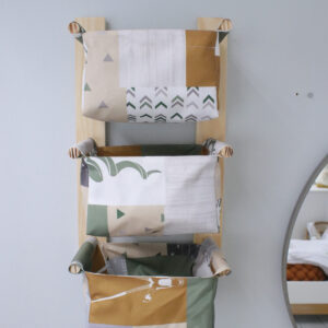 Modern Nappy or Toy Stacker with Wooden Frame - African Patchwork Buffalo Set