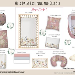 Cot Duvet Bedding - Bunny - Wild Daisy Rose Pink and Grey Bunny Set