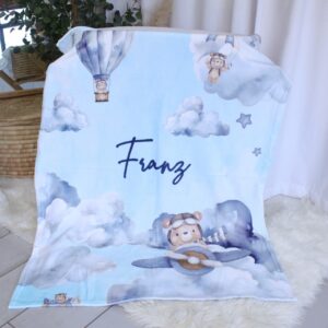 Personalised Fleece Blanket - Blue Bear Planes and Air Balloons Light Blue