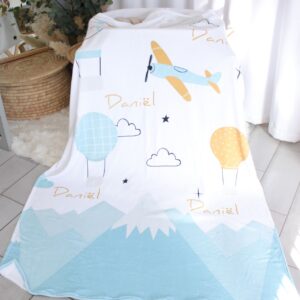 Personalised Fleece Blanket - Hand Drawn Planes And Air Balloons Mustard Set