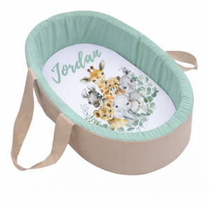 Newborn fabric carry cot with wooden base and waterproof lining. Portable baby bassinet South Africa
