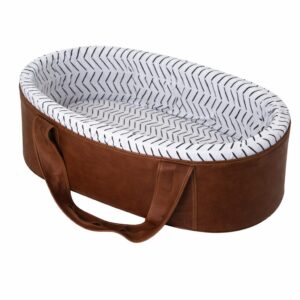Newborn fabric and leather carry cot with wooden base and waterproof lining. Portable baby bassinet South Africa