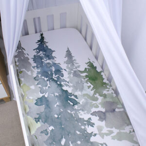 Cot Fitted Sheet - Watercolor Trees (Monochrome Sage Woodlands Dotted Set)