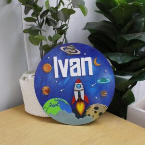 Wooden Name Board - In Theme - Rocket Space Adventure Cartoon Set