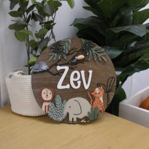 Wooden Name Board - In Theme - Dotty Drawing Wolf Hedgehog Safari Green Set