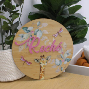 Wooden Name Board - In Theme - Pennygum Eucalyptus Dragonfly and Giraffe