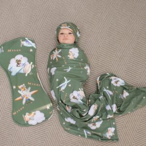 Handcrafted wrap set, perfect for swaddling baby and helps reduce the startle reflex, promoting longer, more restful sleep for your baby in a South African-inspired nursery. Cinnamon and Spice. Featuring Plane Sky Adventure Chihuahua print