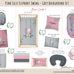 Cot Duvet Bedding - Ellie Elephant - Pink Ellie Elephant Swing - Grey Background Set