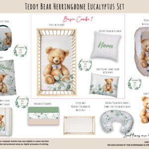 Cot Duvet Bedding - Bear - Teddy Bear Herringbone Eucalyptus Set - Neutral