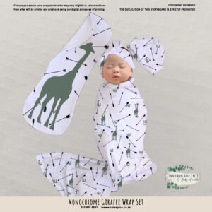 Handcrafted wrap set, perfect for swaddling baby and helps reduce the startle reflex, promoting longer, more restful sleep for your baby in a South African-inspired nursery. Cinnamon and Spice. Featuring Monochrome Giraffe print