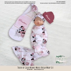 Handcrafted wrap set, perfect for swaddling baby and helps reduce the startle reflex, promoting longer, more restful sleep for your baby in a South African-inspired nursery. Cinnamon and Spice. Featuring Touch of Gold Minnie Mouse Bright print