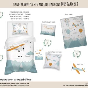 Kids Duvet Set - Hand Drawn Planes and Air Balloons Mustard