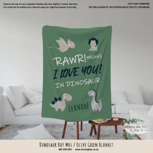 Personalised Fleece Blanket - Dinosaur Boy Mos / Olive Green Blanket
