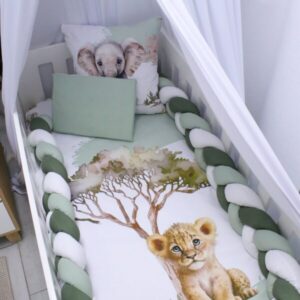 Cot Crib, bed Braided Bumper, Green and White, soft and breathable, Cinnamon and Spice