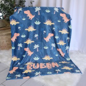 Personalised Fleece Blanket - Navy Orange Dino