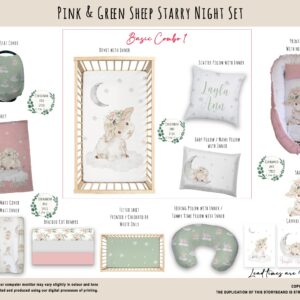 Cot Duvet Bedding - Sheep - Pink and Green Sheep Starry Night Set