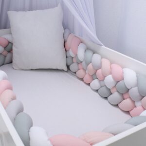 Cot Bumper - Braided 5 Strand - Light Pink, Grey and White