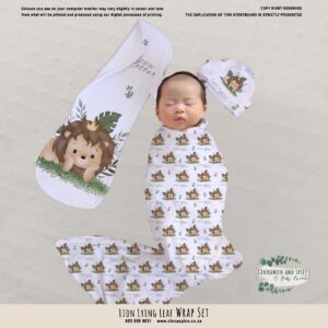 Handcrafted wrap set, perfect for swaddling baby and helps reduce the startle reflex, promoting longer, more restful sleep for your baby in a South African-inspired nursery. Cinnamon and Spice. Featuring Lion Lying Leaf print