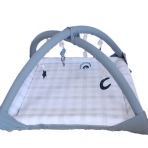 Grey and white check baby playmat with arches and soft dangling toys – handcrafted for sensory development and tummy time by Cinnamon and Spice Baby Boutique.