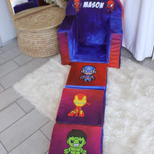 Personalised superhero-themed toddler chair featuring Spiderman and Deadpool, handcrafted in South Africa with fold-out mattress cushions.
