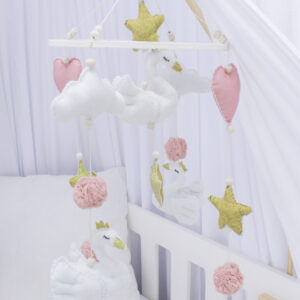 Cot mobile with swans, golden stars and delicate pink accessories - handcrafted for a calming and stylish baby nursery – Cinnamon and Spice Baby Boutique.