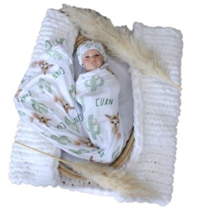 Swaddle Set, baby wrap set personalized with name, with a Llama and Cactus Print, neutrals by Cinnamon and Spice