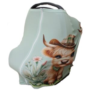 Car Seat Cover – Cactus Highland Cow-Boy Set | Cinnamon & Spice South Africa Custom baby car seat cover , featuring highland cow cowboy and cactus print, providing breathable protection and style for baby travel – part of a coordinated South African nursery set. Cinnamon and Spice Baby Travel