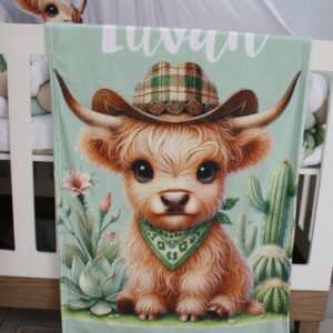 Handcrafted custom fleece blanket, personalized with a name on, featuring highland cow cowboy and cactus print, personalized printed and premium hypo-allergenic baby safe fabric, designed for elegant boho nursery décor. Cinnamon and Spice