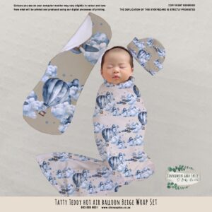 Handcrafted wrap set, perfect for swaddling baby and helps reduce the startle reflex, promoting longer, more restful sleep for your baby in a South African-inspired nursery. Cinnamon and Spice. Featuring Tatty Teddy Hot Air Balloon Beige Wrap print