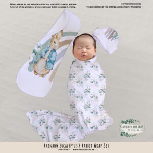 Handcrafted wrap set, perfect for swaddling baby and helps reduce the startle reflex, promoting longer, more restful sleep for your baby in a South African-inspired nursery. Cinnamon and Spice. Featuring Rainbow Eucalyptus P Rabbit print