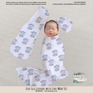 Handcrafted wrap set, perfect for swaddling baby and helps reduce the startle reflex, promoting longer, more restful sleep for your baby in a South African-inspired nursery. Cinnamon and Spice. Featuring Blue Ellie Elephant with Stars print