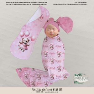 Handcrafted wrap set, perfect for swaddling baby and helps reduce the startle reflex, promoting longer, more restful sleep for your baby in a South African-inspired nursery. Cinnamon and Spice. Featuring Pink Balloon Teddy print