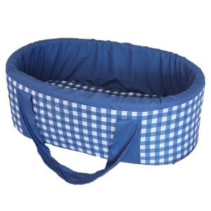 Carry cot with blue check print, handcrafted for newborn comfort and portability – Cinnamon and Spice Baby Boutique.