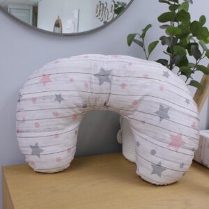 Handcrafted nursing pillow with inner, perfect for comfortable feeding and tummy time in a South African-inspired nursery. Cinnamon and Spice. Featuring Pink Starry Tatty Teddy Sleeping print