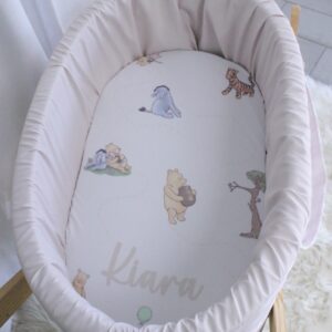 Carry cot with a Winnie the pooh cartoonish print, handcrafted for newborn comfort and portability – Cinnamon and Spice Baby Boutique.