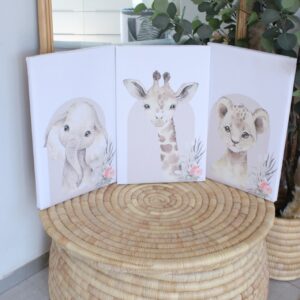 Safari animal nursery canvas print in soft neutral tones, perfect wall décor for a baby’s room
