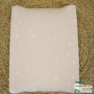 Neutral-toned changing mat cover with sage rainbow and sun motif—soft stretchy fabric for stylish and comfy diaper changes.