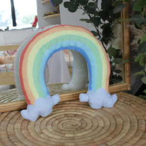 Colourful Rainbow In The Sky shaped pillow with gentle padding—cute and comforting nursery accent.