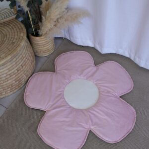 Dusty pink daisy-shaped baby playmat with padded petals, perfect for tummy time, play, and nursery décor by Cinnamon and Spice Baby Boutique.
